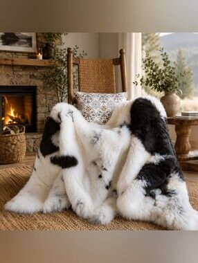 REAL 50" X 80" Unlined Natural Spotted Sheepskin Throw Blanket /  Rug